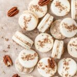 close up of brown butter pecan macarons.