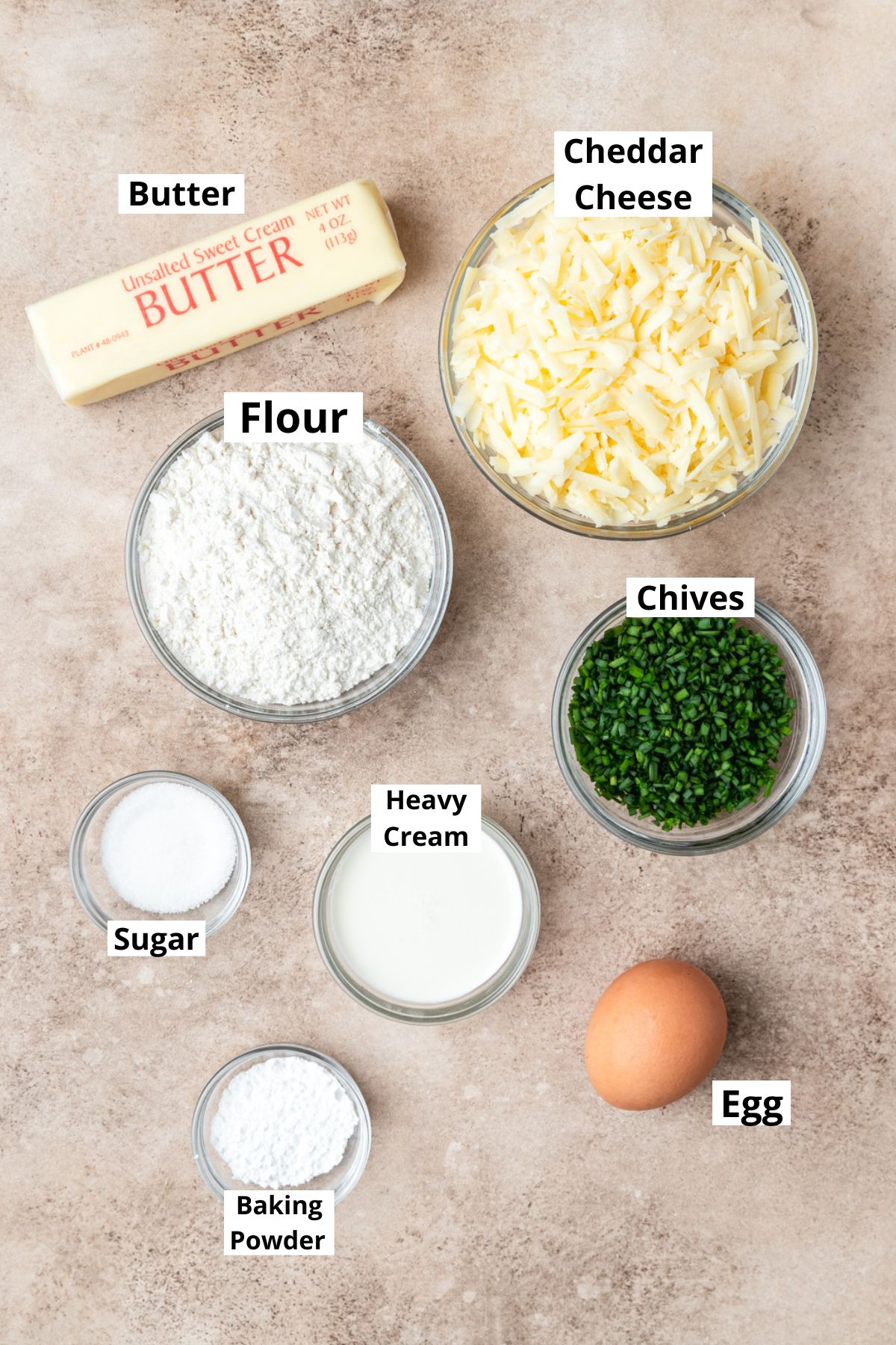 labeled ingredients for cheddar chive scones.