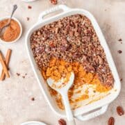 eggnog sweet potato casserole with pecan topping.