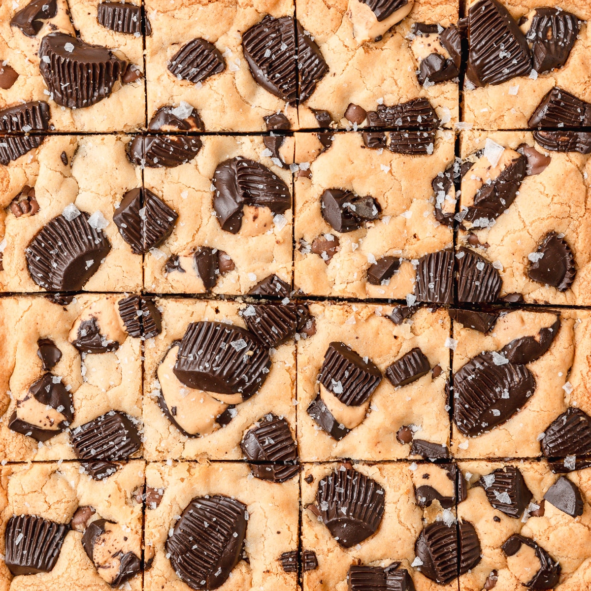 close up of peanut butter cup blondies.