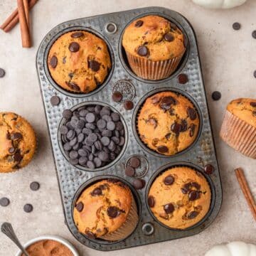 close up shot of pumpkin chocolate chip muffins.