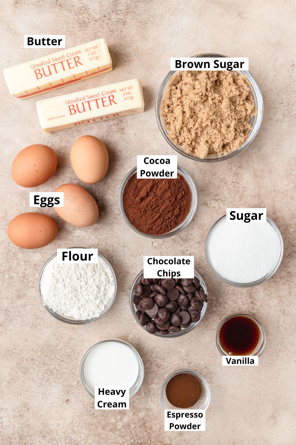 labeled ingredients for triple chocolate brownies.