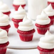 close up of mini red velvet cupcakes.