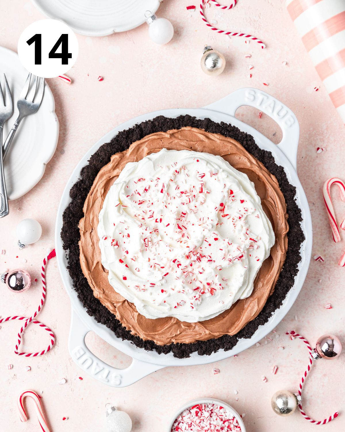 topping chocolate pie with crushed peppermints.