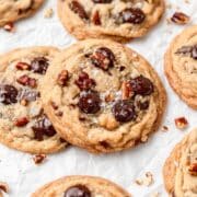 close up of banana chocolate chip cookies with toasted pecans.
