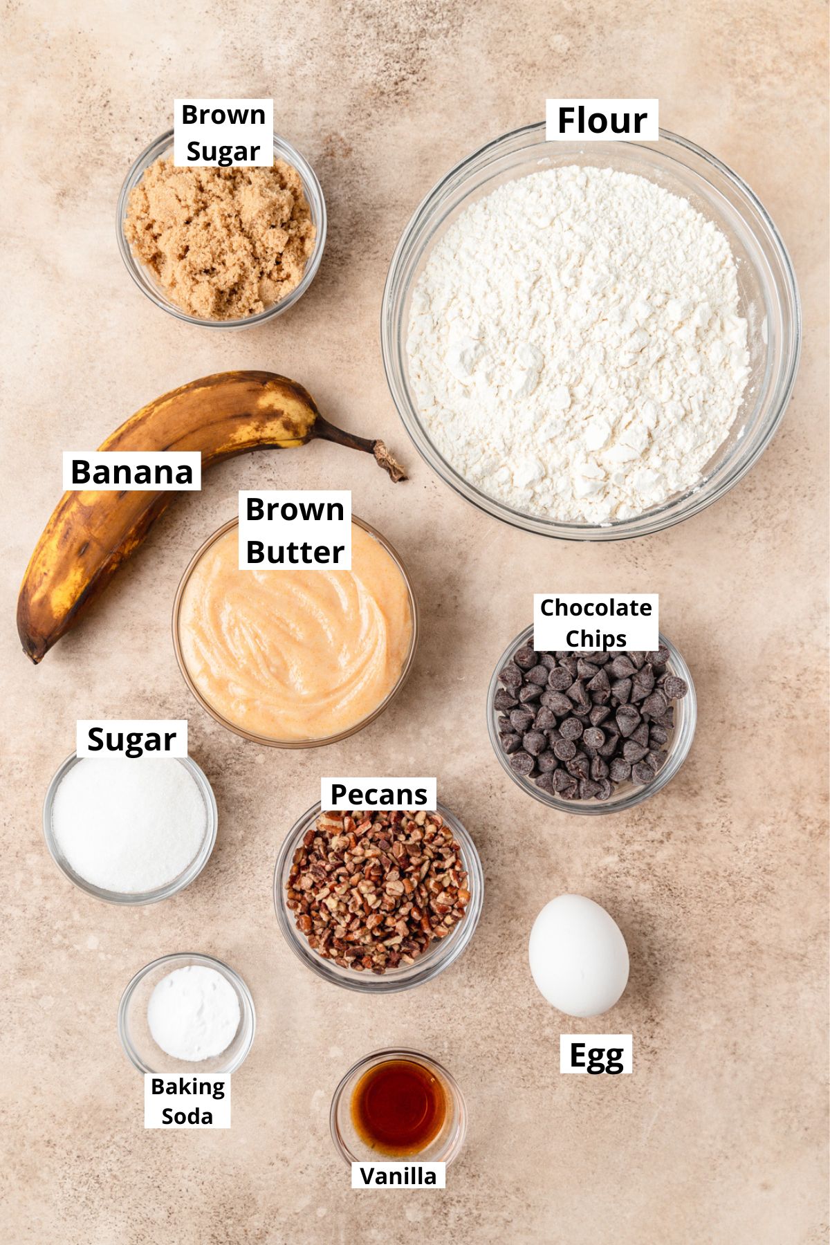 labeled ingredients for banana chocolate chip cookies.