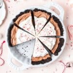 close up of chocolate peppermint pie with Oreo crust.