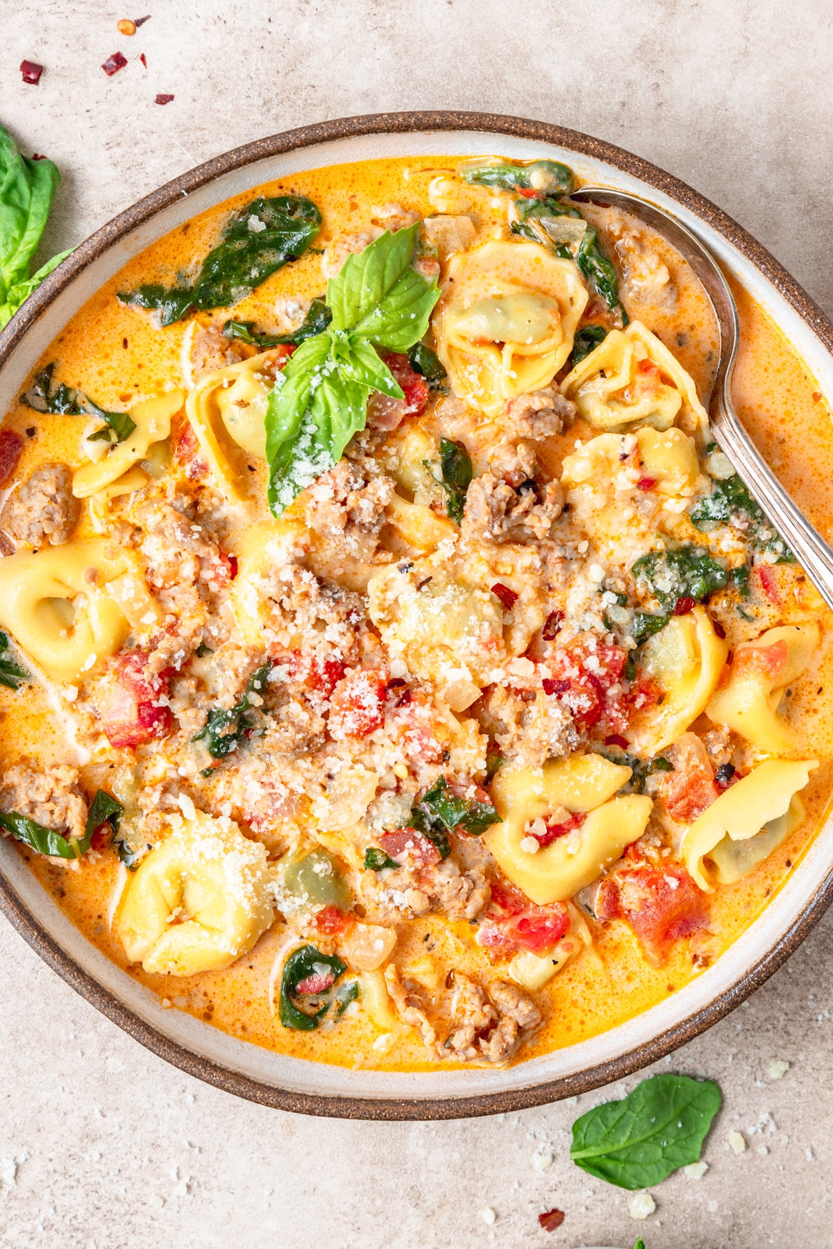 sausage tortellini soup with spinach.