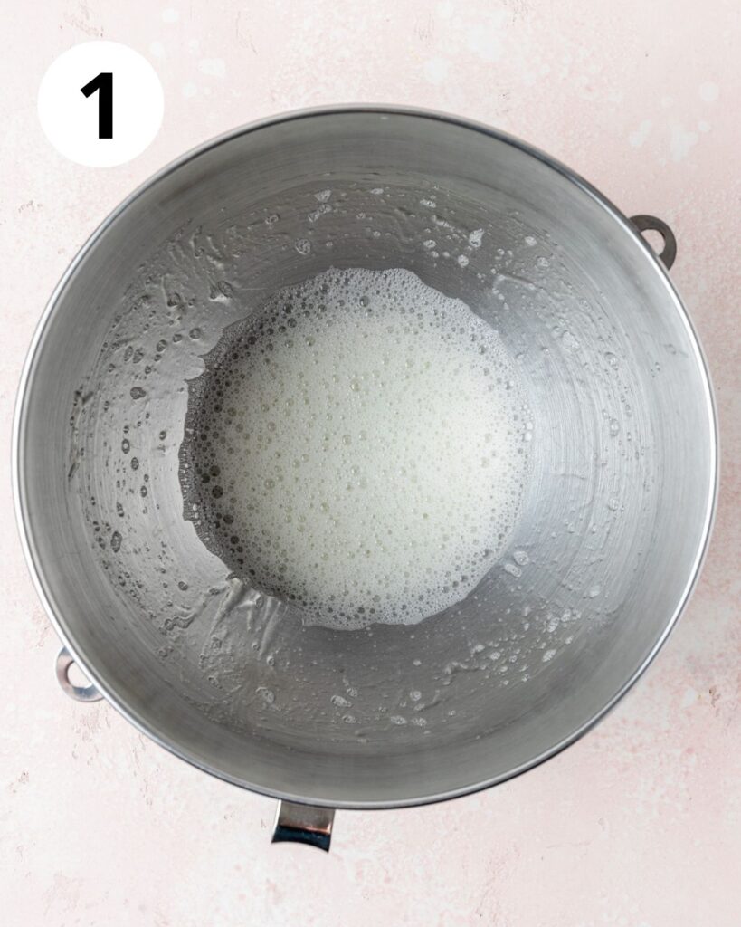 egg whites and sugar in mixer.
