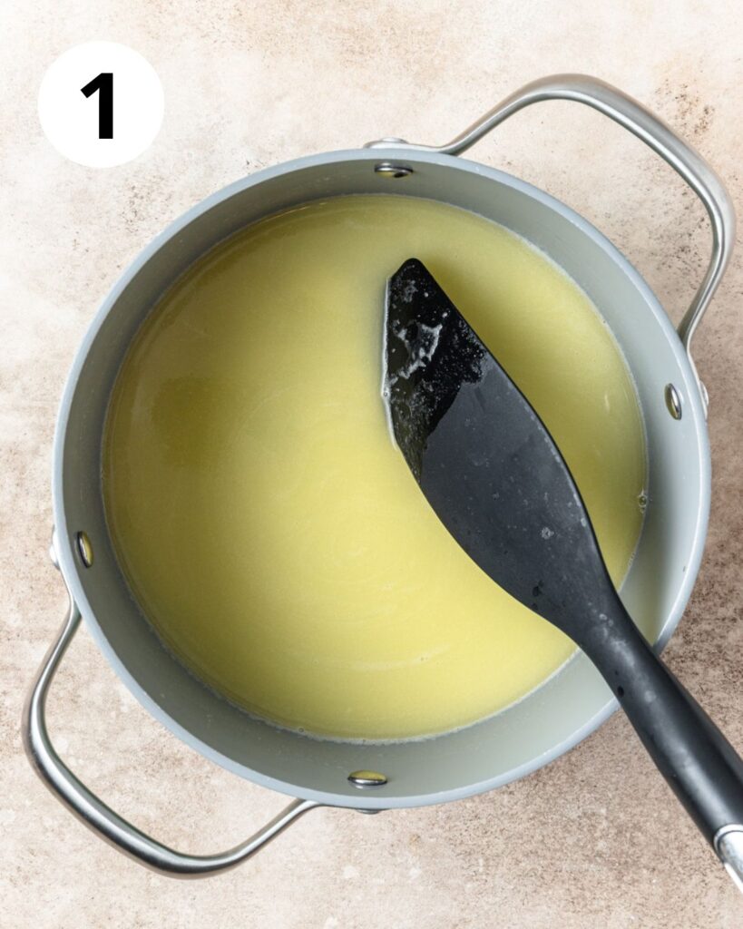 melted butter and water in pot.