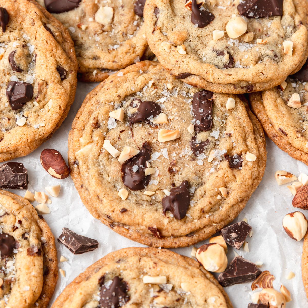 close up of brown butter hazelnut chocolate chip cookies.