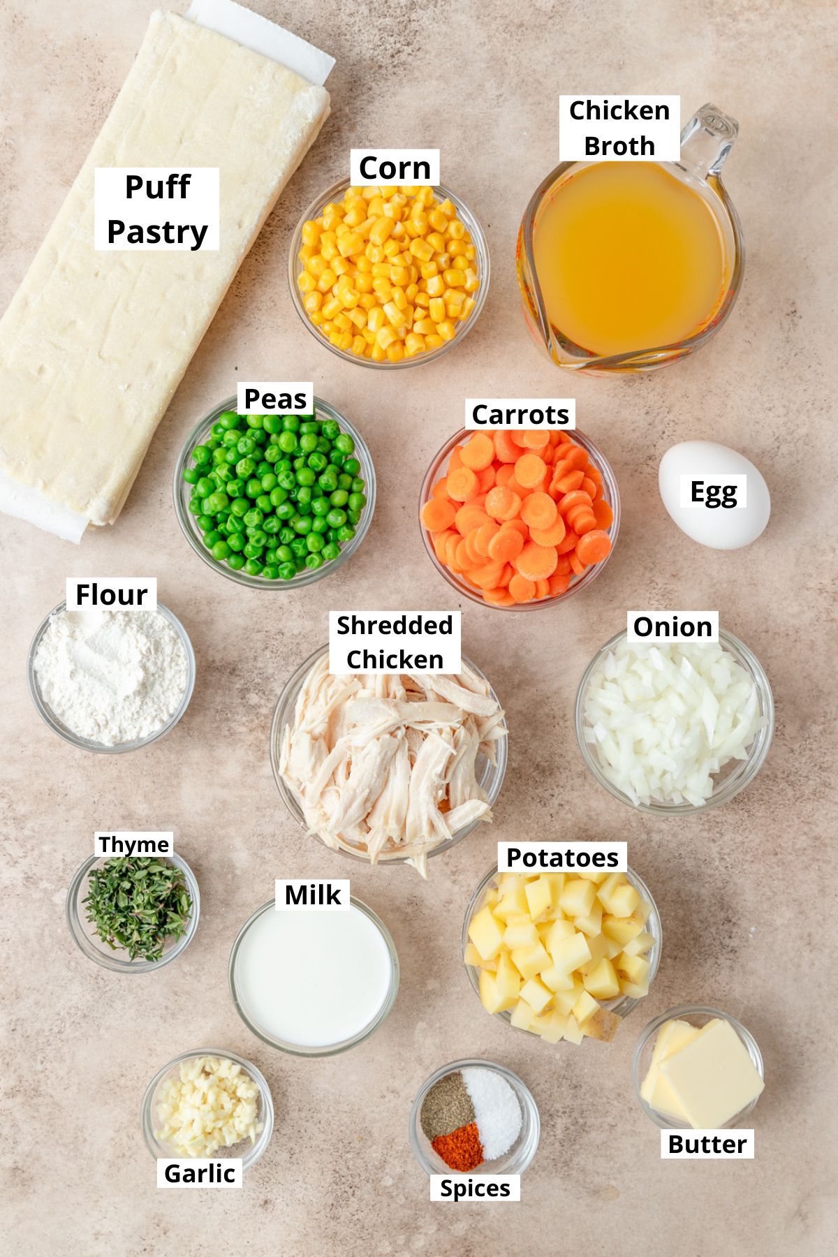 chicken pot pie with puff pastry ingredients.