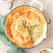 close up of skillet chicken pot pie.