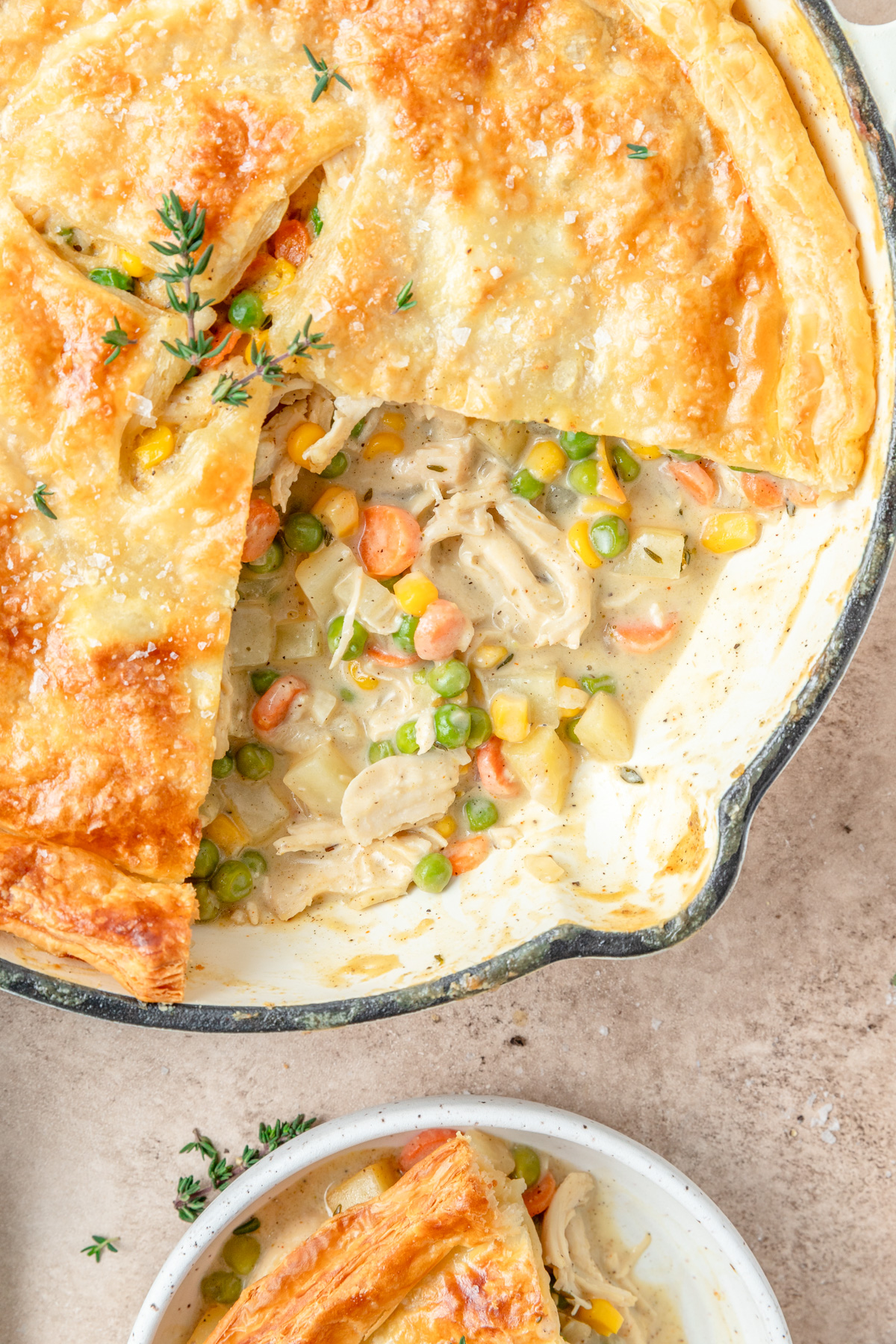 skillet chicken pot pie with puff pastry topping.