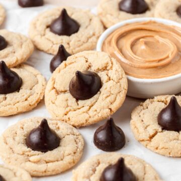 peanut butter blossom cookies with dark chocolate kisses.