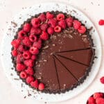 dark chocolate raspberry tart with oreo crust.