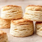 close up of flaky buttermilk biscuits.