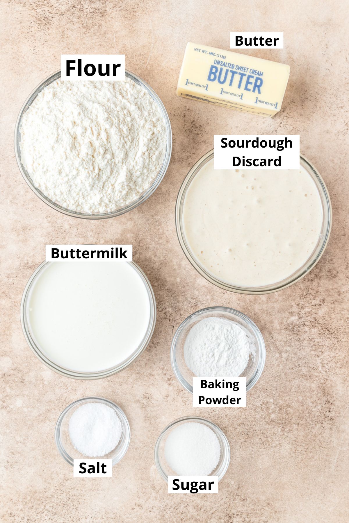 ingredients for sourdough buttermilk biscuits.