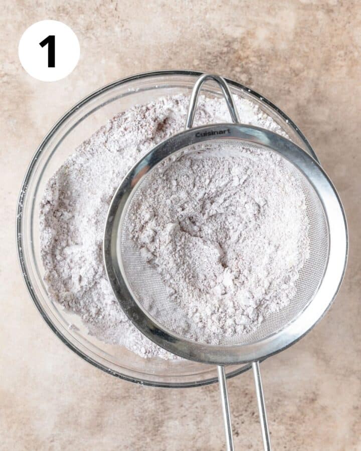 almond flour, powdered sugar, and cocoa powder sifted together.