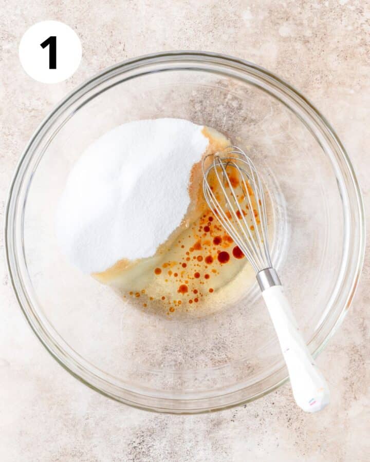 oil, vanilla, and sugar in bowl.