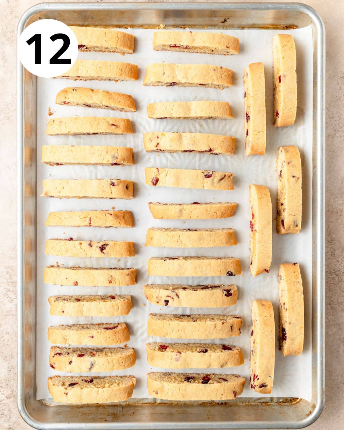 slices of cranberry orange biscotti after second bake. 