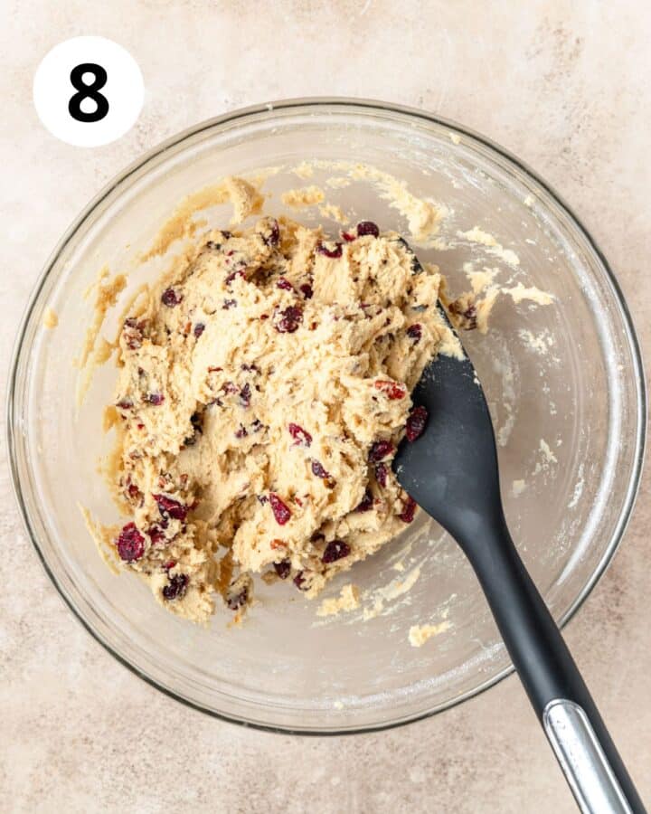 cranberry orange biscotti dough in bowl. 