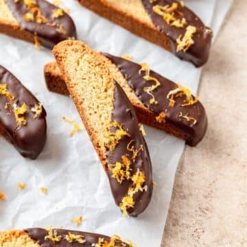 dark chocolate orange biscotti with orange zest.