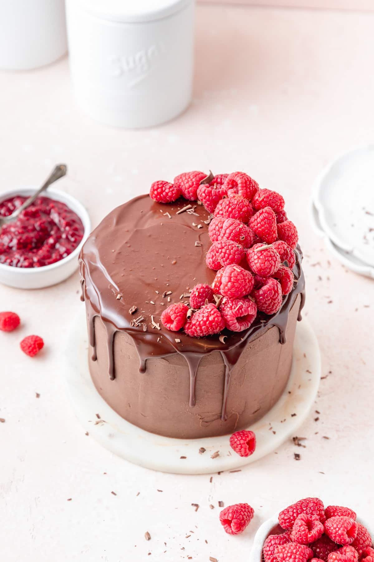 top view of chocolate raspberry cake.