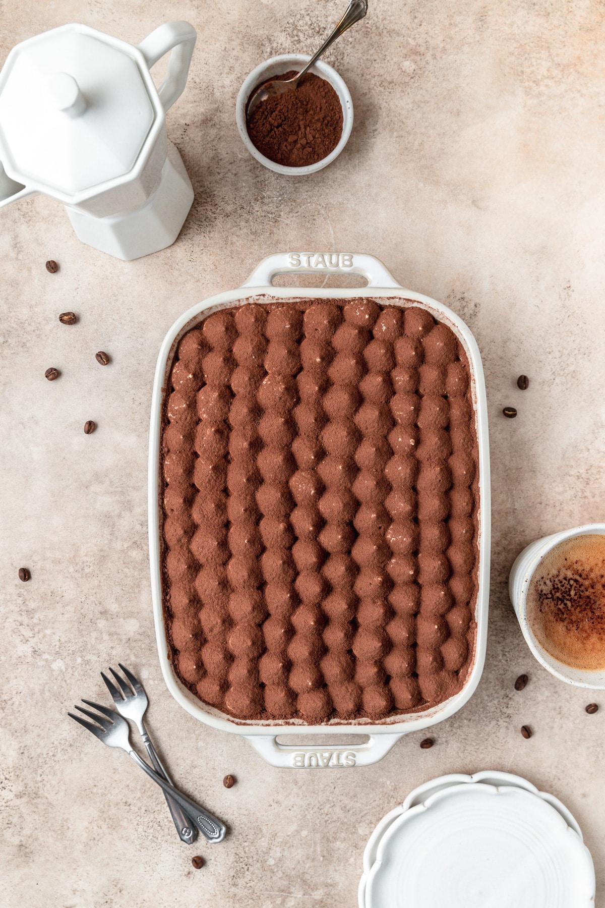 classic tiramisu dusted with cocoa powder.