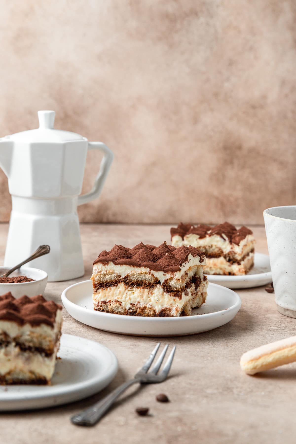 plates of classic tiramisu. 