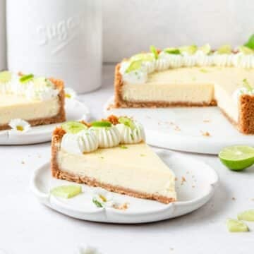 slice of key lime cheesecake on plate.