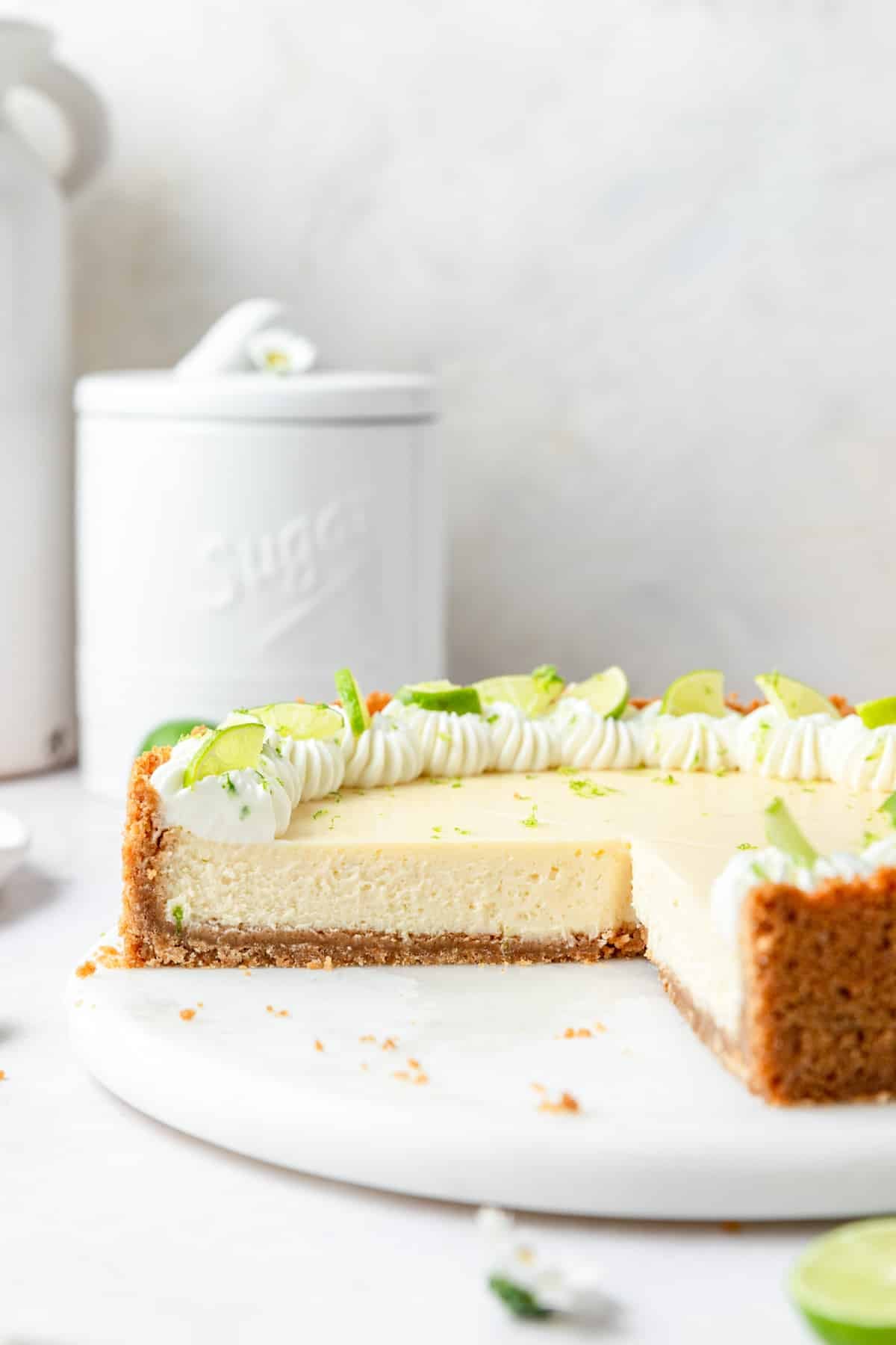 side view of key lime cheesecake. 