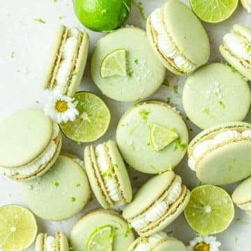 close up of margarita macarons with tequila lime buttercream.