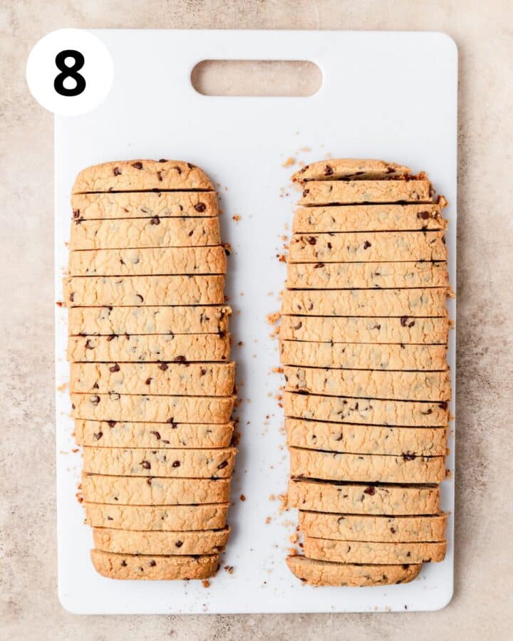 sliced biscotti logs after first bake.