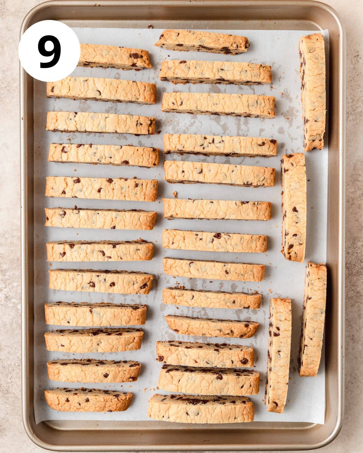 chocolate chip biscotti before second bake.