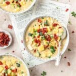 creamy chicken corn chowder topped with crispy bacon.