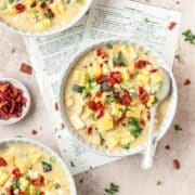 creamy chicken corn chowder topped with crispy bacon.