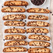 brown butter chocolate chip biscotti with mini chocolate chips.