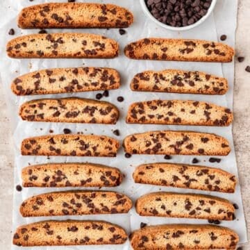 brown butter chocolate chip biscotti with mini chocolate chips.