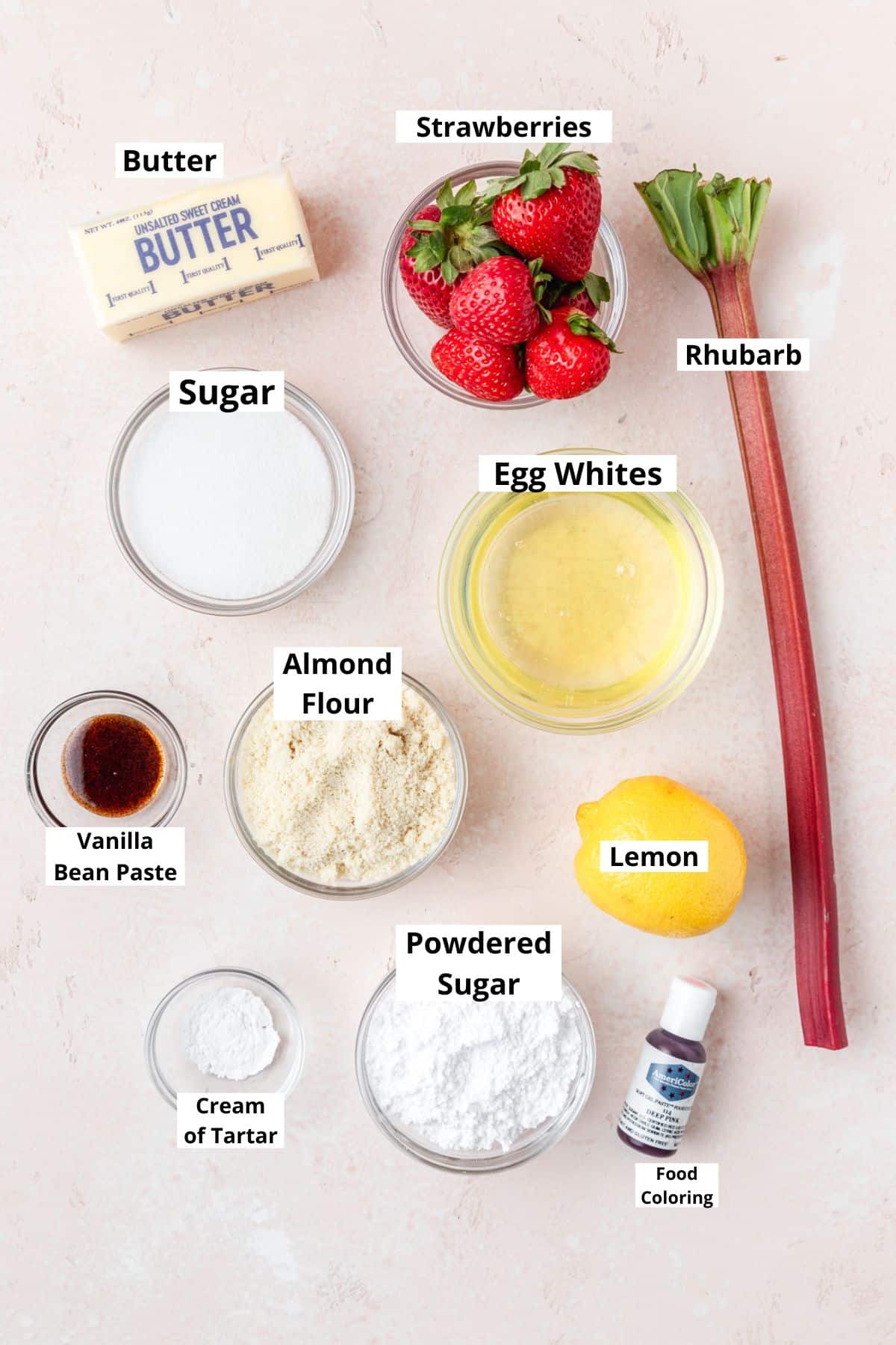 ingredients for strawberry rhubarb macarons.