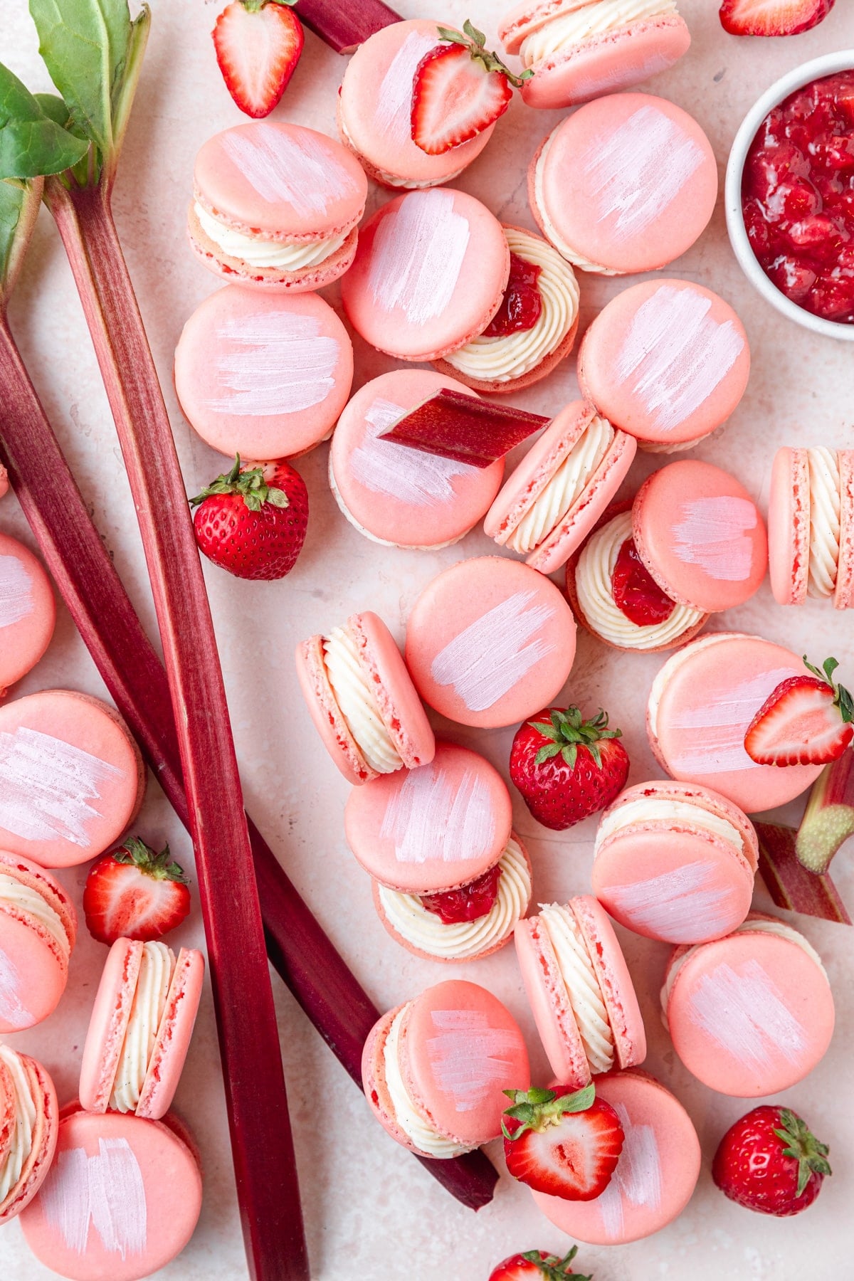 strawberry rhubarb macarons with homemade jam.