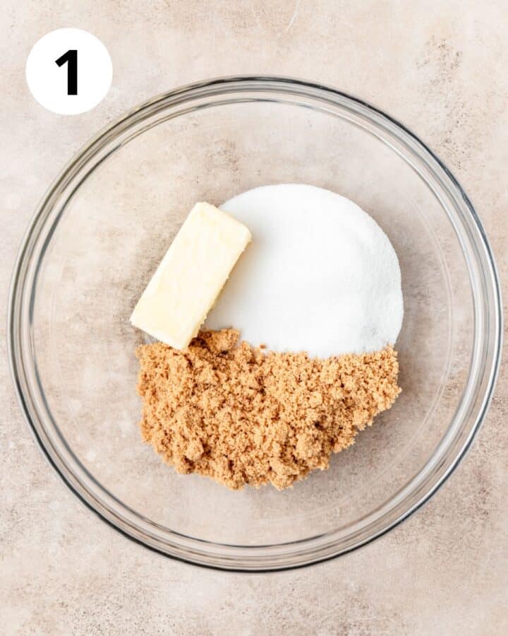 butter and sugars in bowl.