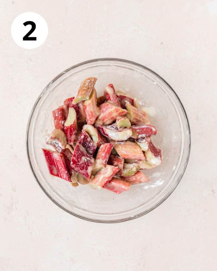 tossing rhubarb with sugar and cornstarch.
