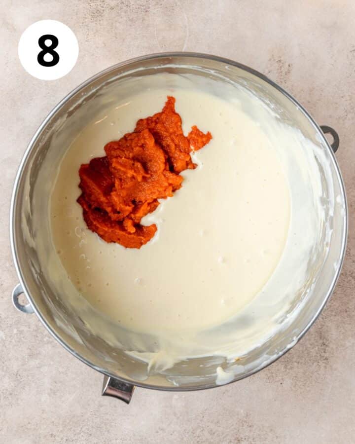 adding pumpkin puree to filling.