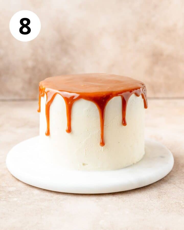 homemade caramel drizzled over eggnog cake.