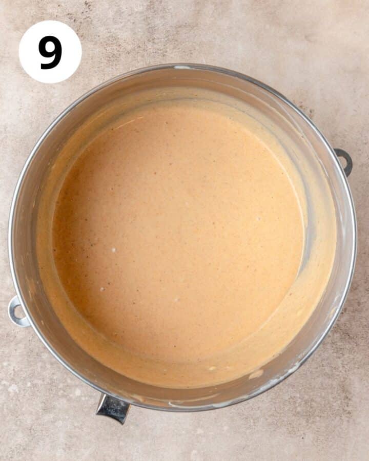 pumpkin cheesecake filling in bowl.