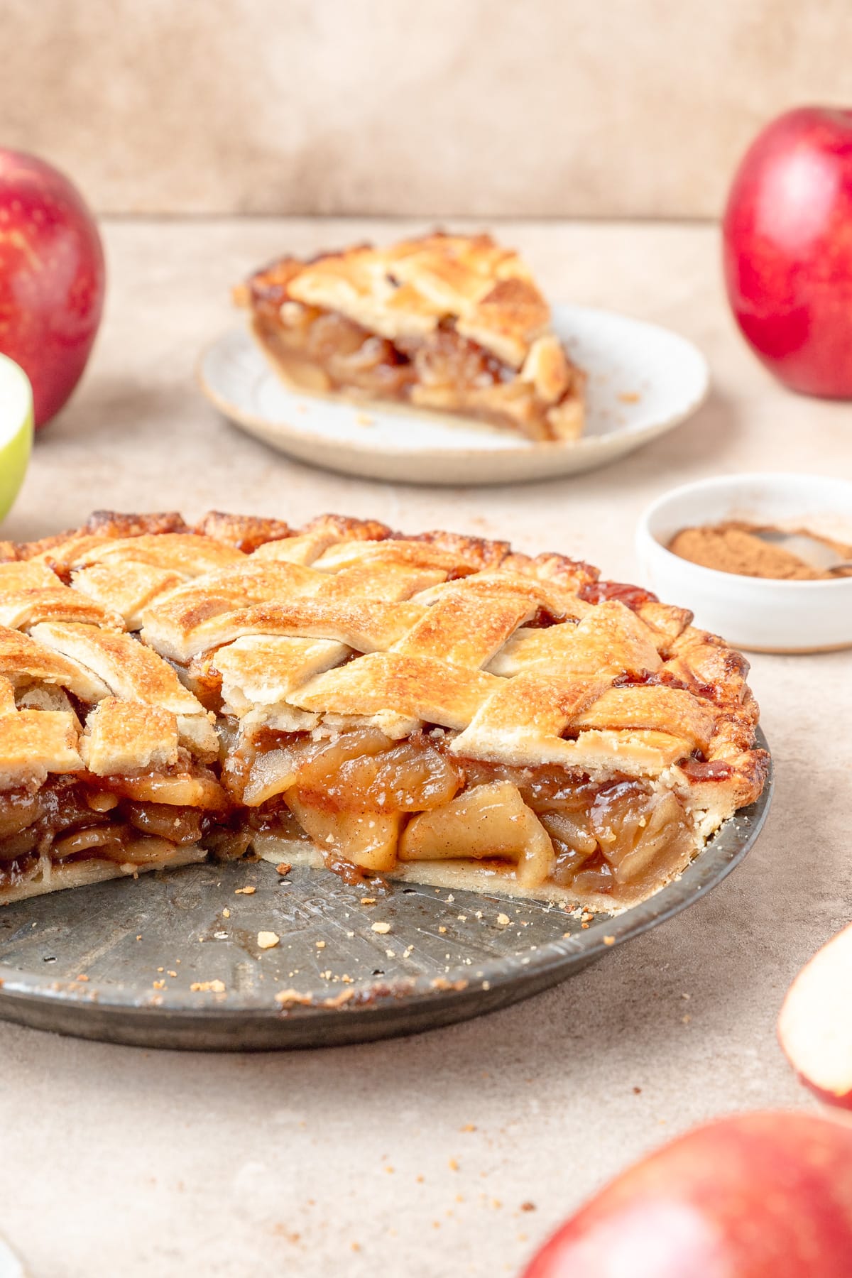 side view of sliced homemade apple pie.