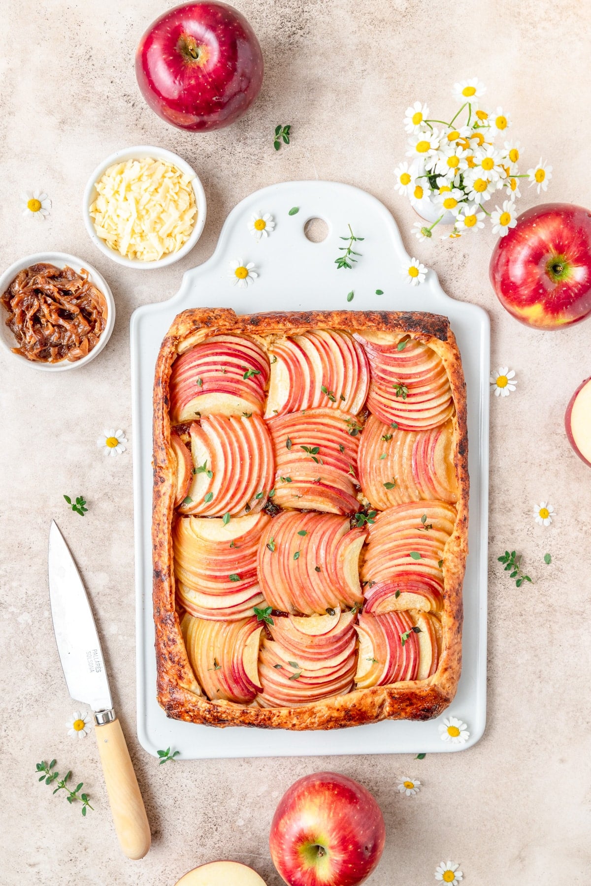 apple galette with cheddar and caramelized onions.