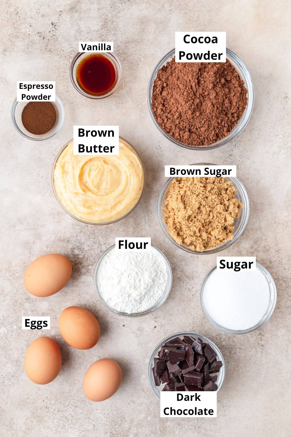 ingredients for brown butter brownies. 