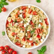 close up of bowl of caprese pasta salad.